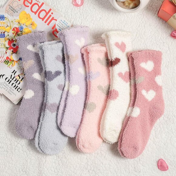 Plush Slipper Socks Women Colorful Warm Fuzzy Crew Socks Cozy Soft Pink Purple - Picture 4 of 8
